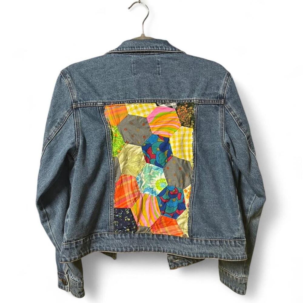 Cottagecore denim jacket upcycled colorful vintage hexagon quilt back patch